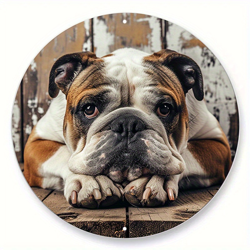 

1pc 20cm×20cm/8x8 Inch Spring Aluminum Metal Sign Faux Woodblock Print Circular Wreath Sign Dormitory Decoration Pet Lovers Gifts Bulldog Bulldog Themed Decoration