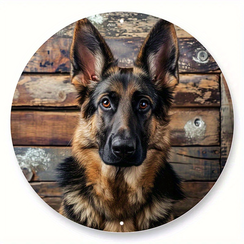 

1pc 8x8 Inch Spring Aluminum Metal Sign Faux Woodblock Print Circular Wreath Sign Entrance Decoration Fathers Gifts German Shepherds Themed Decoration