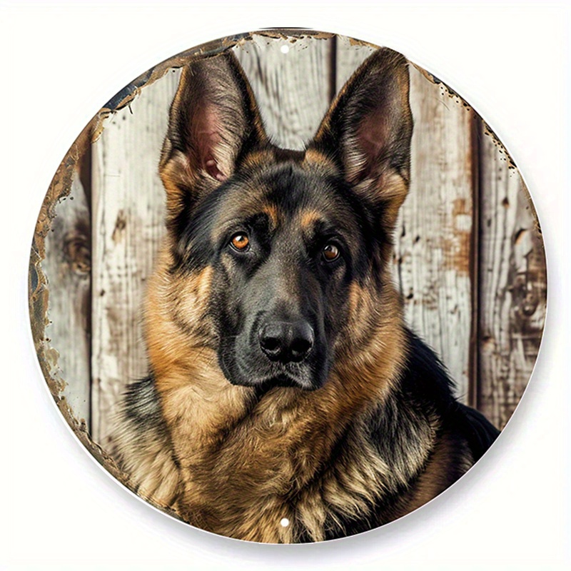 

1pc 8x8 Inch Spring Aluminum Metal Sign Faux Woodblock Print Circular Wreath Sign Entrance Decoration Women Gifts German Shepherds Themed Decoration