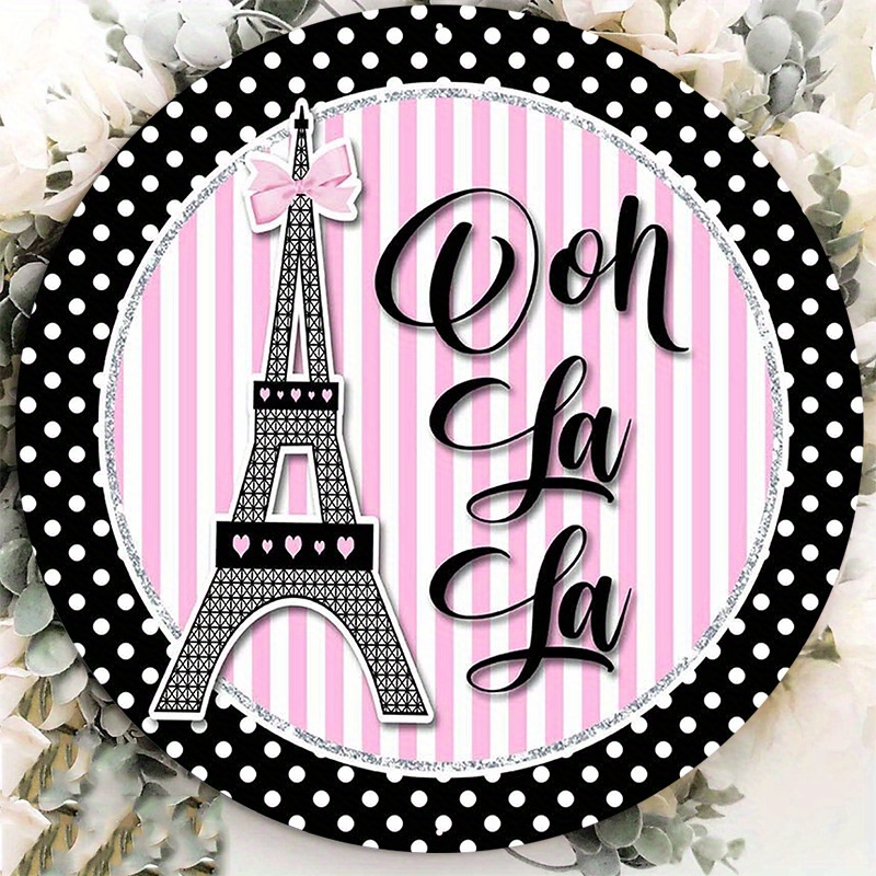 

1pc 8x8inch Aluminum Metal Sign Pink And Black Paris Themed Wreath Sign, Circle Shaped Wreath Sign