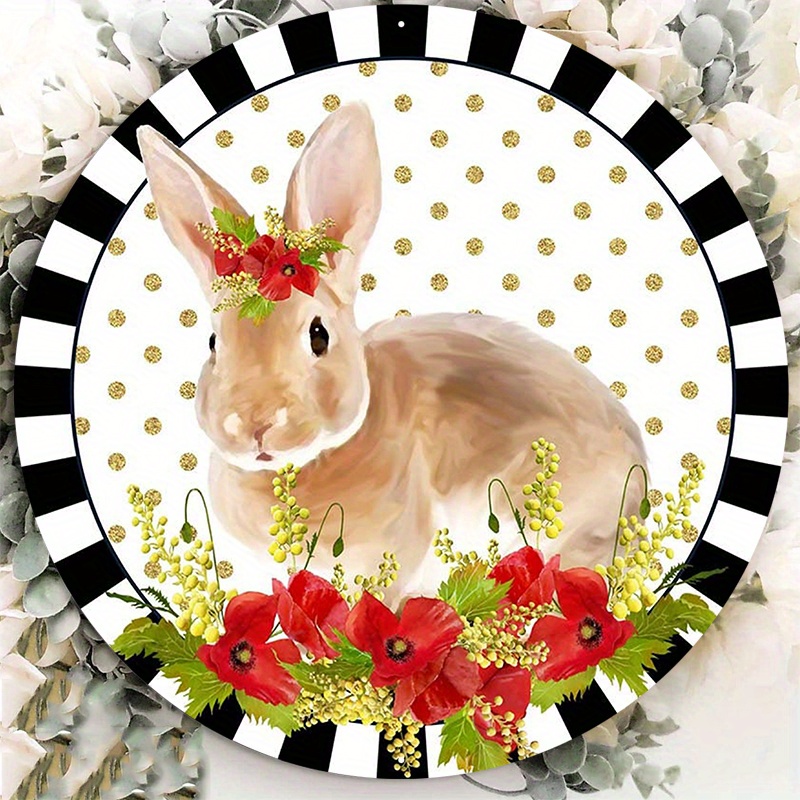 

1pc Aluminum Metal Sign, Red Poppy Easter Bunny Circle Wreath Sign With Black And White Border 8x8 Inch 20x20cm