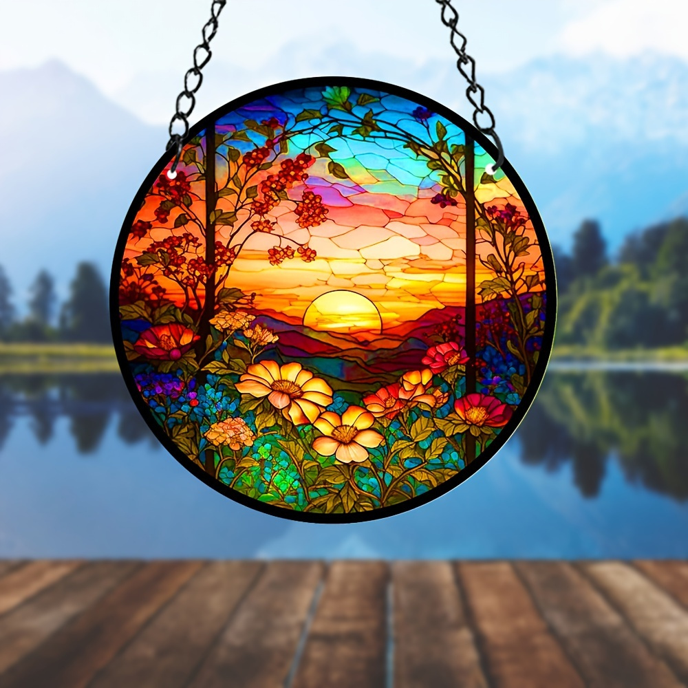 

1pc, Sunset Flowers Tree Stained Acrylic Window Hanging Sun Catcher, Nature Scene Suncatcher Home Decoration, Handmade Gift For Mothers, Fathers, Teachers And Lovers, 5.9*5.9