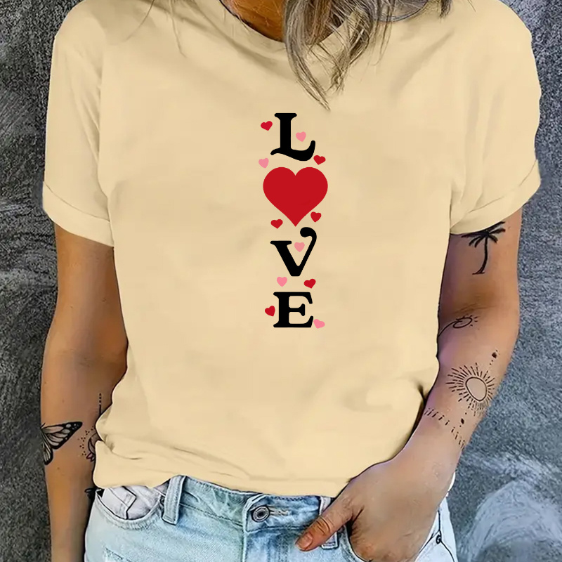 

Valentine's Day Love And Heart Graphic Round Neck Sports T-shirt, Short Sleeves Casual Running Top, Women's Activewear