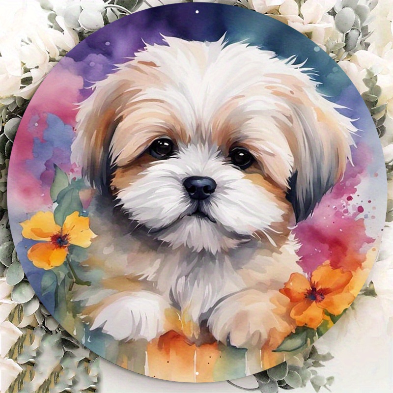 

1pc 8x8inch Aluminum Metal Sign, Shih Tzu Watercolor Wreath Sign, Puppy Shih Tzu Sign, Wall Door Decorative Wreath Sign, For Bedroom Bathroom Home Restaurant Cafe Garage Decor