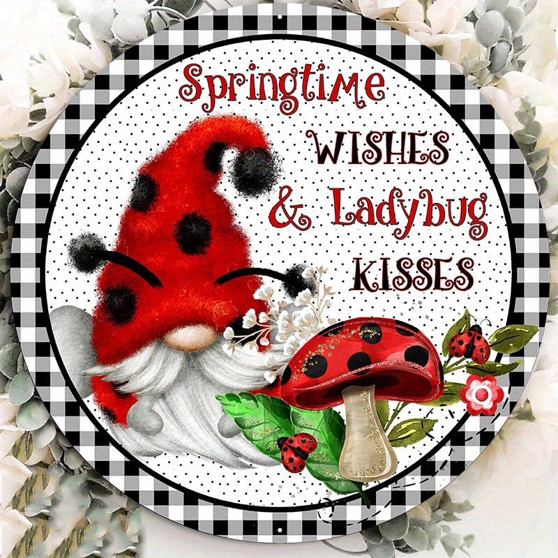 

1pc 8x8inch Aluminum Metal Sign Springtime Wishes And Ladybug Kisses Wreath Sign, Signs For Wreaths