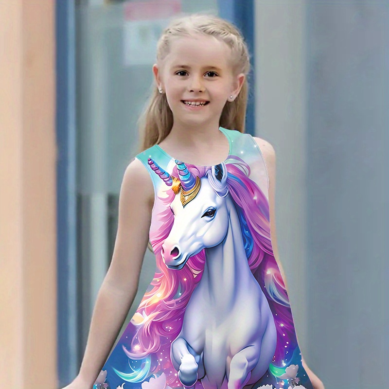 

Girls Casual Unicorn Pattern Sleeveless Dress For Summer Party Gift Outdoor
