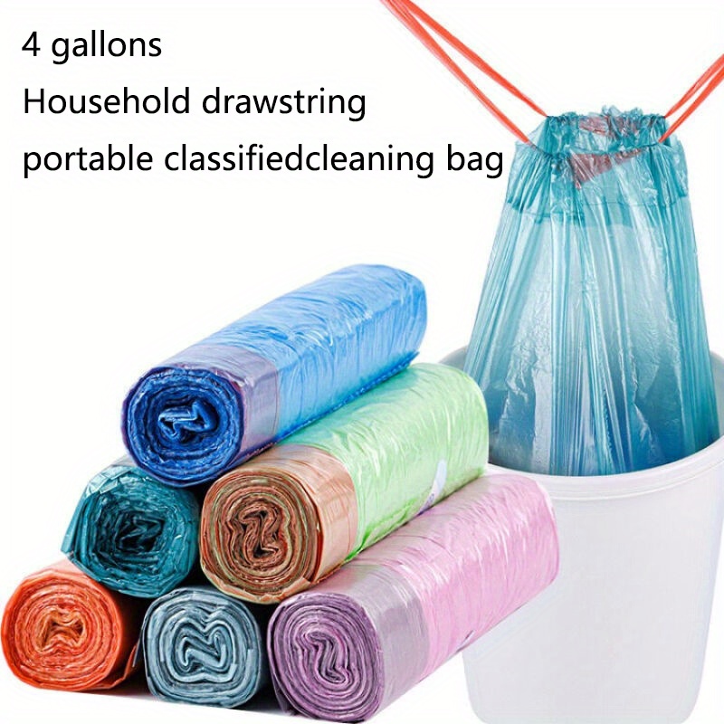 

150pcs/4gallon Pull Rope Portable Classification Cleaning Bags, Turnover Garbage Bags, Small Garbage Bags Suitable For Commercial Cleaning Bathroom Kitchen Toilet Office, Small (15pcs/roll)