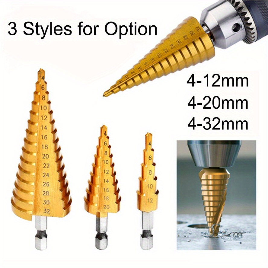 1pc 1/4" Titanium Coated Metal Hex Step Drill Bit, HSS Step Drill Bit, Cone Hole Cutter Taper, Metric 4-12mm/ 4-20mm/ 4-32mm