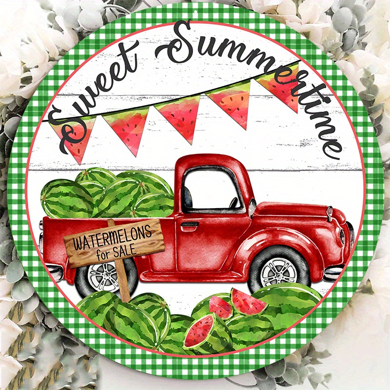 

1pc 8x8inch Aluminum Metal Sign Watermelon Sign, Red Truck Sign For Wreath, Summer Wreath Rail Sign