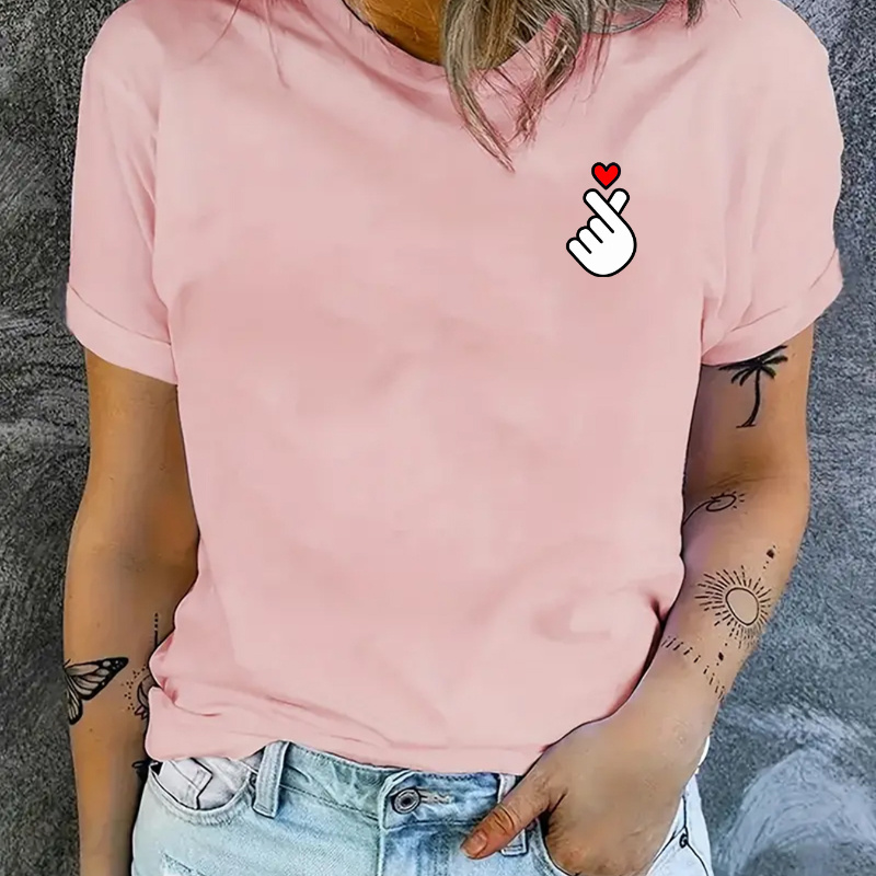 

Valentine's Day Heart Print Casual Sports T-shirt, Short Sleeve Round Neck Workout Tops, Women's Activewear