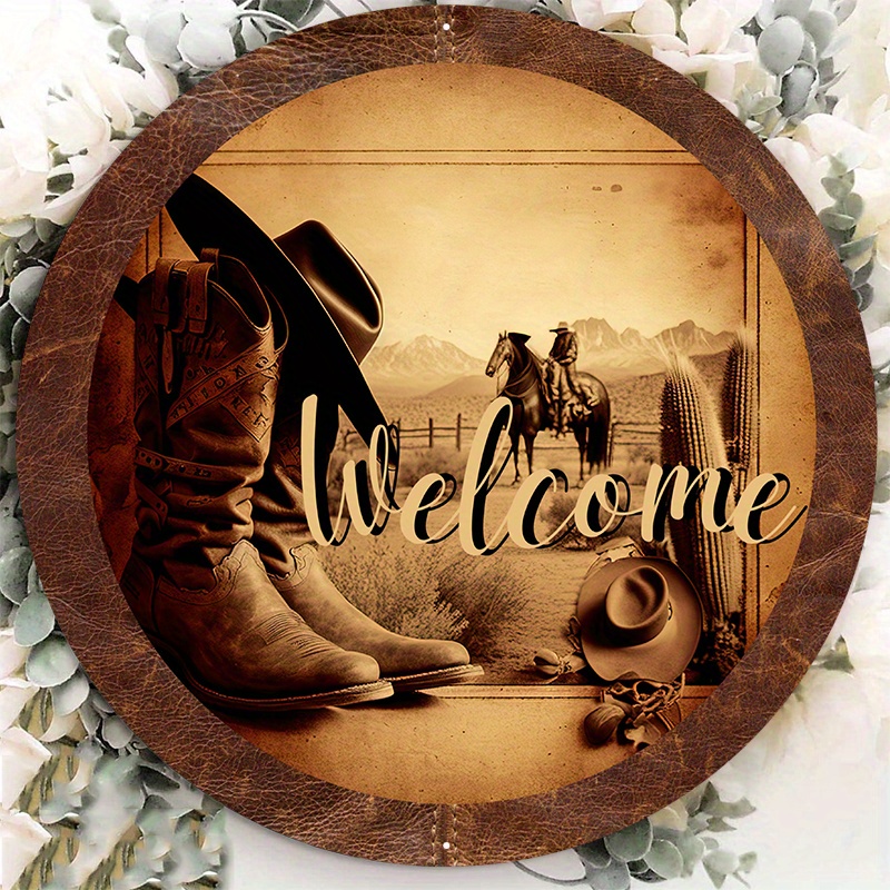 

1pc 8x8inch Aluminum Metal Sign Western Wreath Sign, Cowboy Western Sign, Western Room Decor