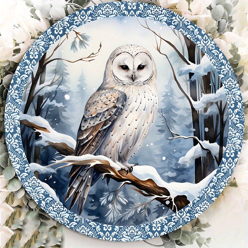 

1pc 8x8inch Aluminum Metal Sign Winter Owl Metal Wreath Sign, Round Wreath Sign, Door Decor