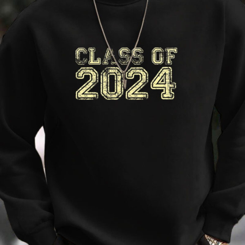 

Class Of 2024 Print, Sweatshirt With Long Sleeves, Men's Creative Slightly Flex Crew Neck Pullover For Spring Fall And Winter