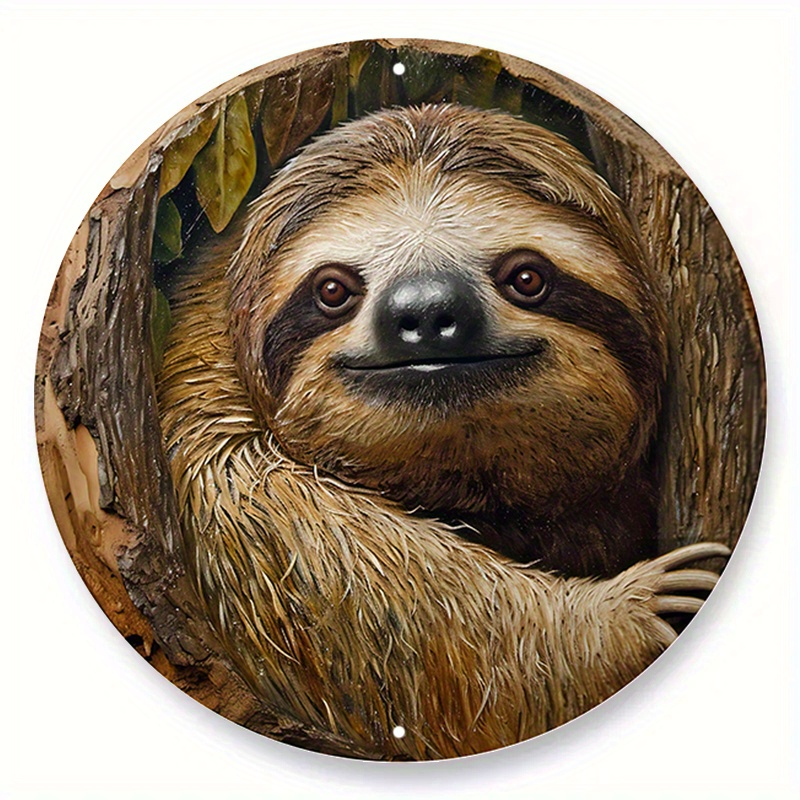 

1pc 8x8 Inch Spring Aluminum Metal Sign Faux Wooden Carved Painted Circular Wreath Sign Apartment Decoration Pet Lovers Gifts Sloths Themed Decoration