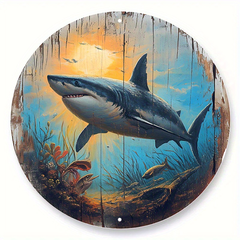 

1pc 8x8 Inch Spring Aluminum Metal Sign Faux Wooden Carved Painted Circular Wreath Sign Living Room Decoration Boys Gifts Sharks Themed Decoration H13
