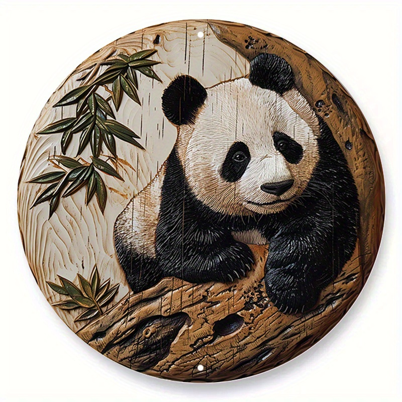 

1pc 8x8inch (20*20cm) Spring Aluminum Sign Faux Wooden Carved Painted Circular Wreath Sign Bedroom Decoration Fathers Gifts Panda Themed Decoration