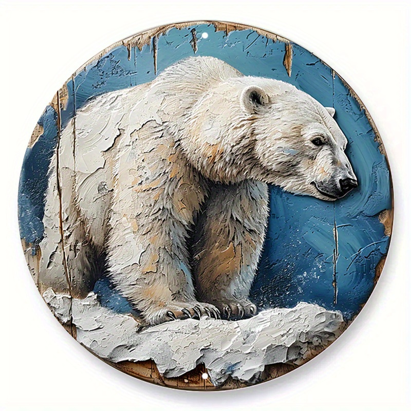 

1pc 8x8 Inch Spring Aluminum Sign Faux Wooden Carved Painted Circular Wreath Sign Garden Decoration Father's Day Gifts Polar Bear Themed Decoration