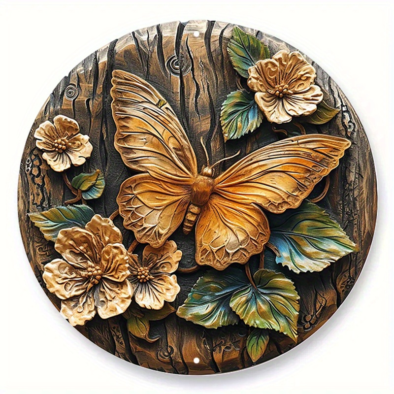 

1pc 8x8 Inch Spring Aluminum Sign Faux Wooden Carved Painted Circular Wreath Sign Garden Decoration Gifts Butterfly Themed Decoration