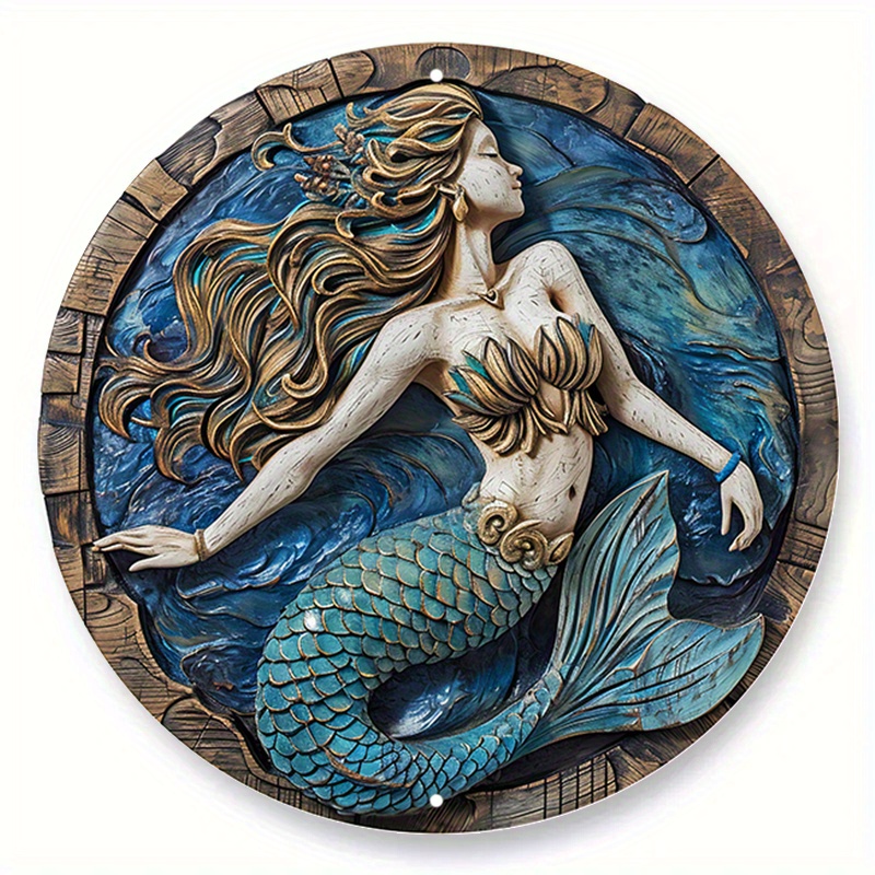 

1pc 8x8 Inch Spring Metal Sign Faux Wooden Carved Painted Circular Wreath Sign Entrance Decoration Pet Lovers Gifts Mermaid Themed Decor