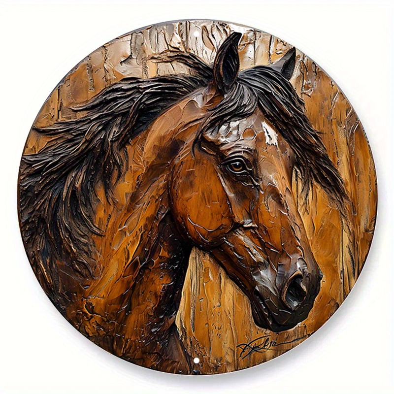 

1pc 8x8 Inch Spring Metal Sign Faux Wooden Carved Painted Circular Wreath Sign Living Room Decoration Fathers Gifts Horse Themed Decoration