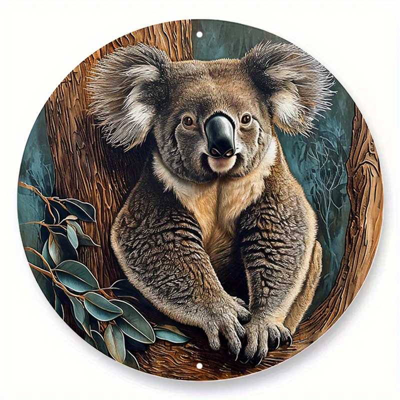 

1pc 8x8 Inch Spring Metal Sign Faux Wooden Carved Painted Circular Wreath Sign Office Decoration Mothers Gifts Koala Themed Decoration