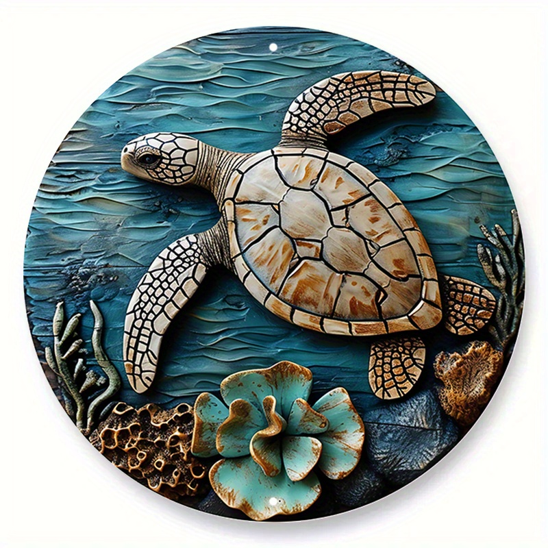 

1pc 8x8 Inch Spring Round Aluminum Sign Faux Wooden Carved Painted Circular Wreath Sign Living Room Decoration Women Gifts Sea Turtles Themed Decoration H280