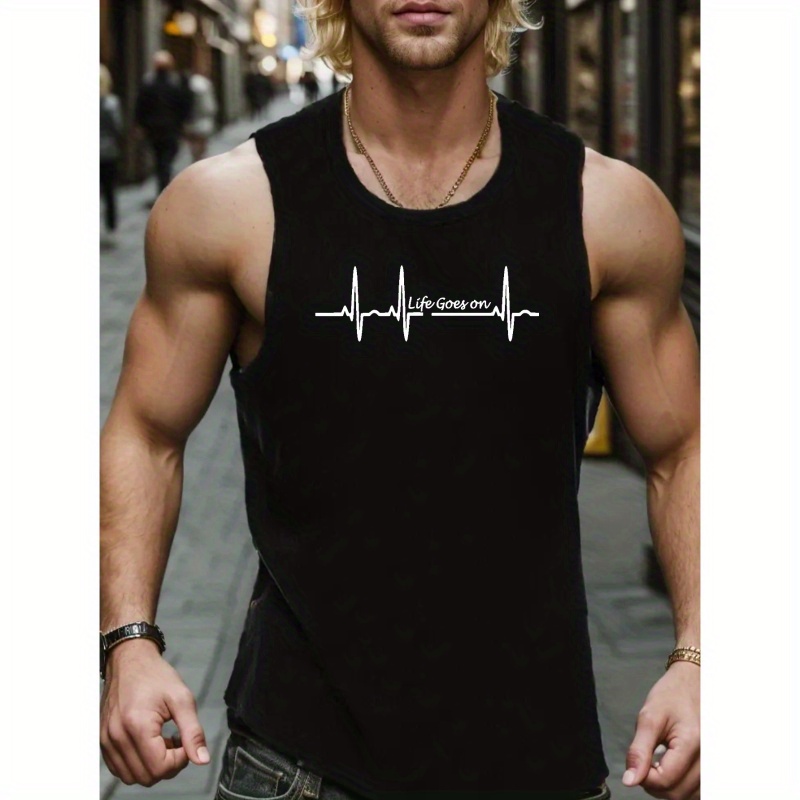 

Life Goes On Print Sleeveless Tank Top, Men's Active Undershirts For Workout At The Gym