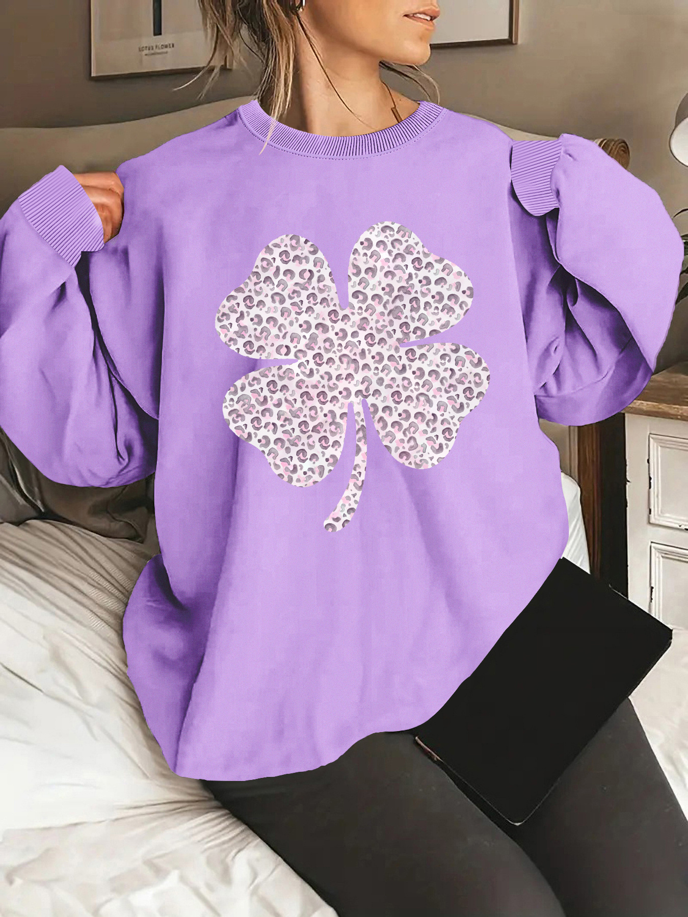 Four Leaf Clover Print Sweatshirt Plus Size Casual Long Temu Australia