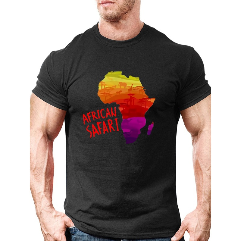 

Plus Size Afican Safari Print T-shirt For Men, Trendy Short Sleeve Top, Men's Clothing