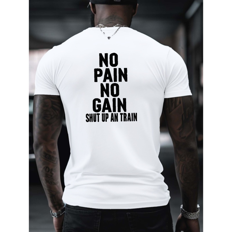 

Stylish Slogan No Pain No Gain Print Men's Short Sleeve T-shirts, Comfy Casual Breathable Tops For Men's Fitness Training, Jogging, Outdoor Activities Summer