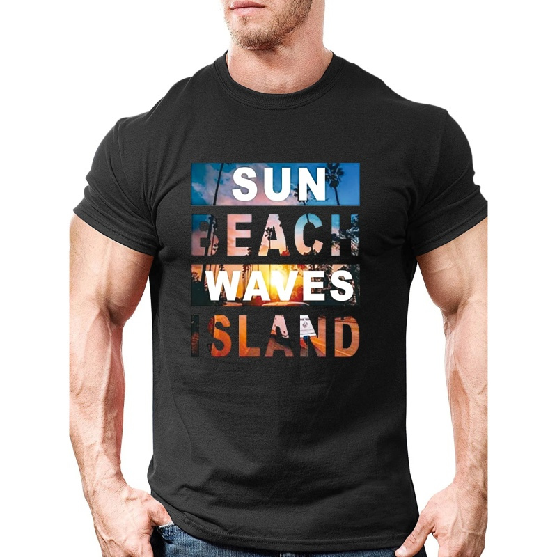

Plus Size Men's "sun Beach" Graphic Print T-shirt Outdoor Casual Short Sleeve Tees For Summer
