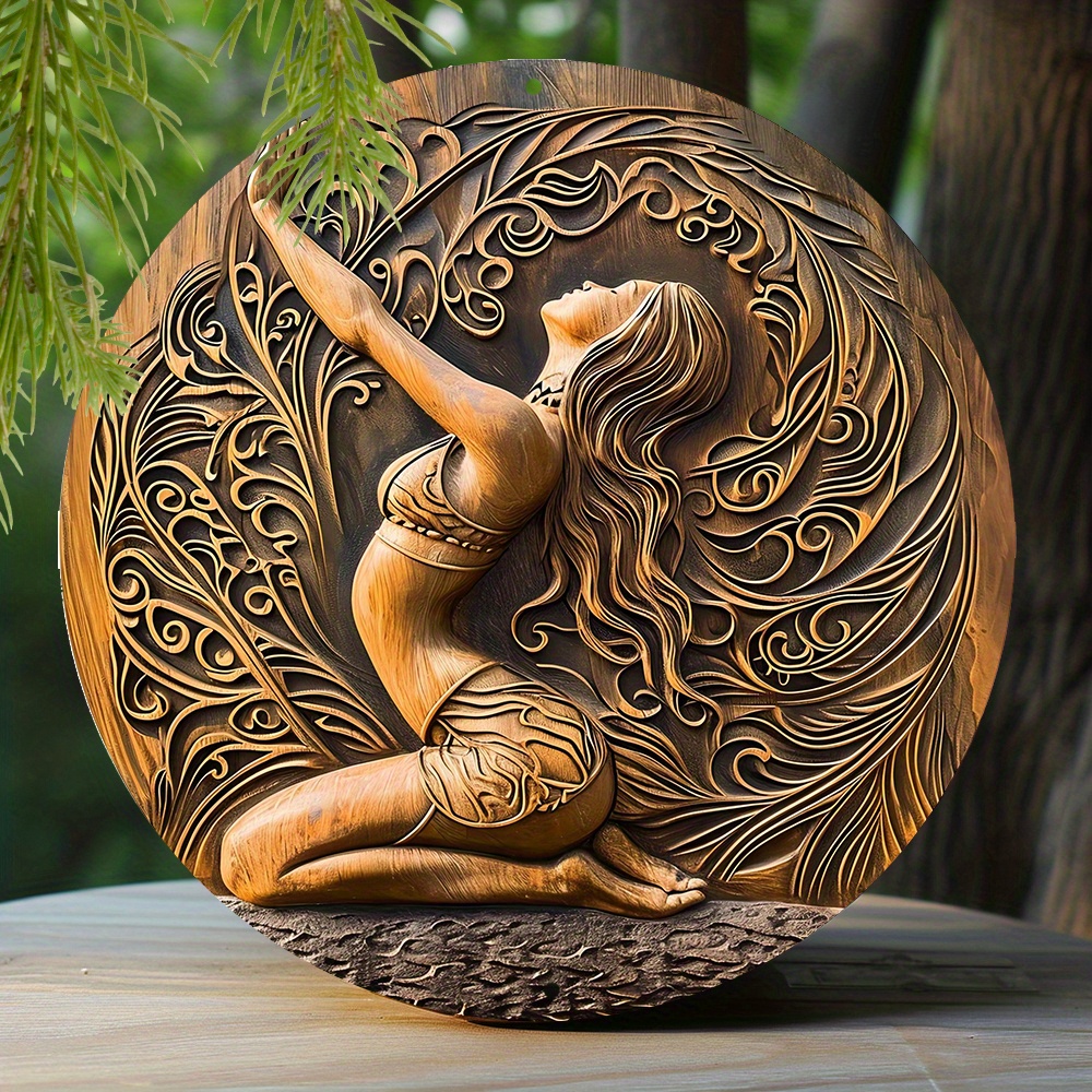 

1 Pièce 20x20 Cm Panneau Rond En Métal Avec Ressort, Imitation Bois Sculpté Et Peint, Décoration Circulaire De Couronne, Cadeaux Pour La Fête Des Pères, Décoration À Thème Yoga Pour Dortoir