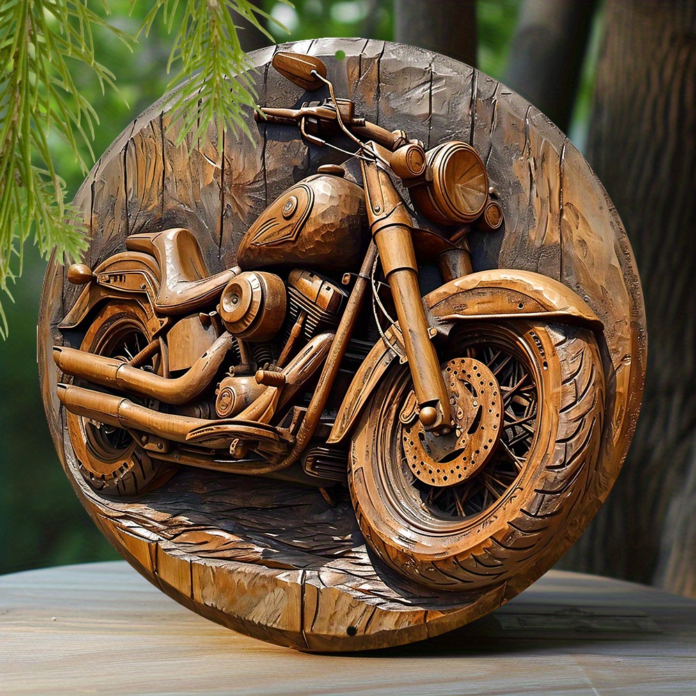 

1pc Spring Round Metal Sign, Faux Wooden Carved Painted Circular Wreath Sign, Entrance Decoration Fathers Gifts Motorcycle Themed Decoration 8x8 Inch 20x20cm