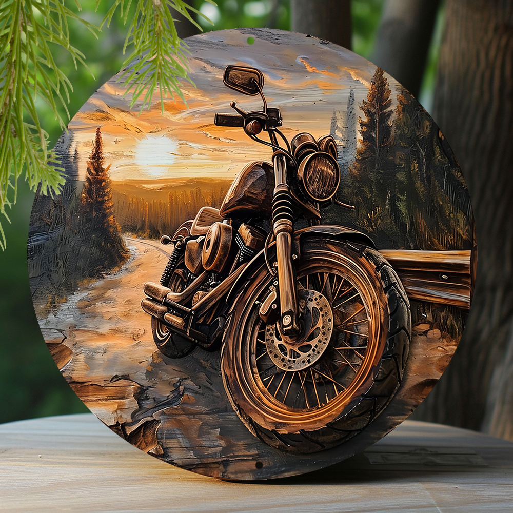 

1pc 8x8 Inch Spring Round Metal Sign Faux Wooden Carved Painted Circular Wreath Sign Entrance Decoration Men Gifts Motorcycle Themed Decoration