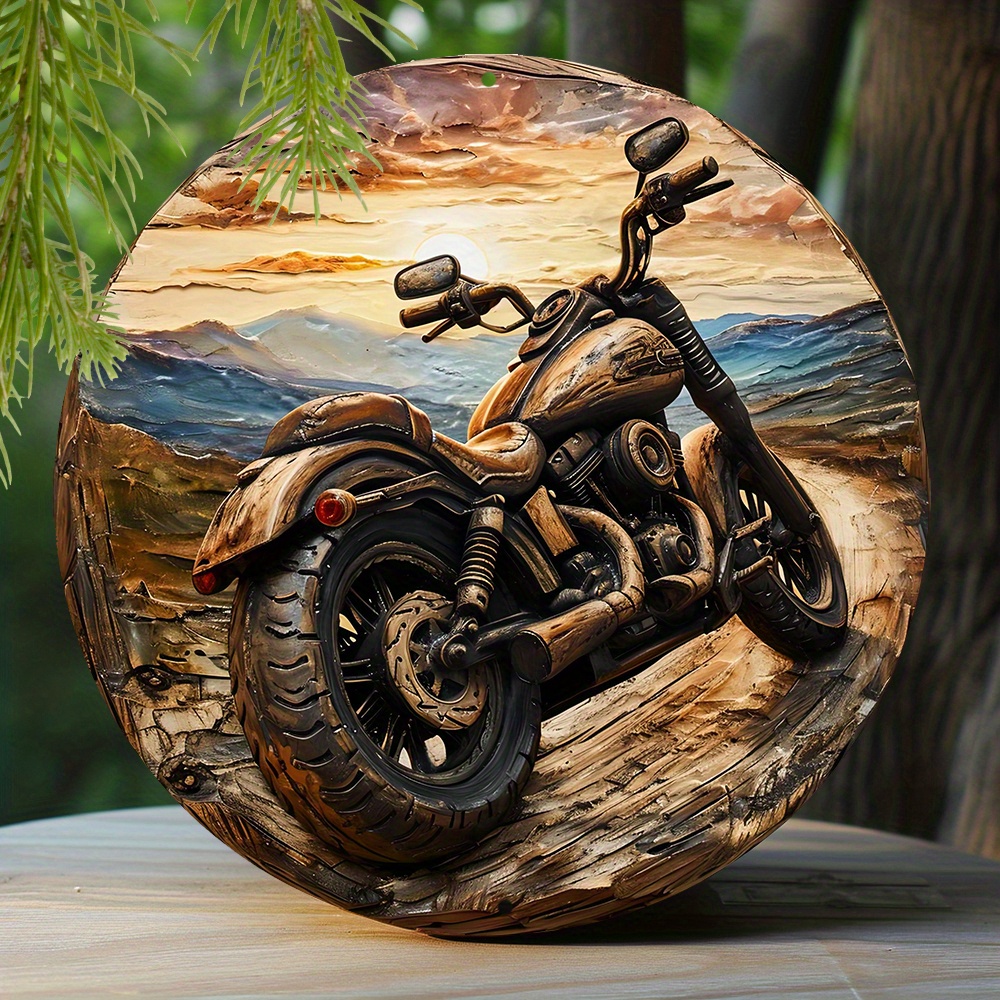 

1pc 8x8 Inch Spring Round Metal Sign Faux Wooden Carved Painted Circular Wreath Sign Entrance Decoration Thanksgiving Day Gifts Motorcycle Themed Decoration
