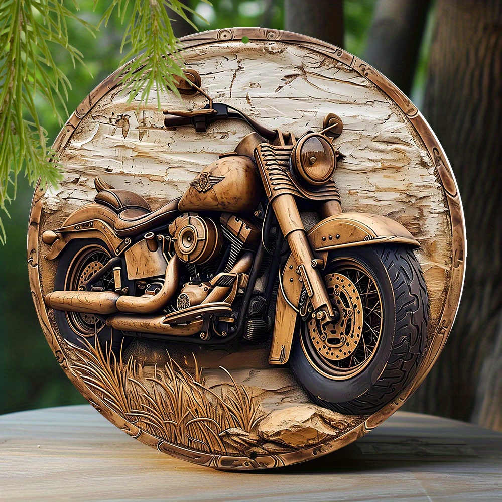 

1pc Spring Round Metal Sign, Faux Wooden Carved Painted Circular Wreath Sign, Entrance Decoration Valentine's Day Gifts Motorcycle Themed Decoration 8x8 Inch 20x20cm