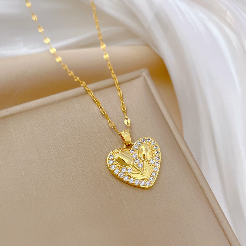 1pc rhinestone heart with rose stainless steel chain necklace for girls elegant jewelry gift details 4