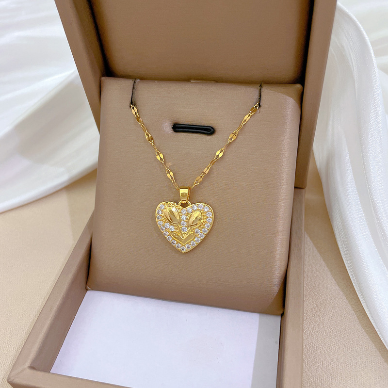 1pc rhinestone heart with rose stainless steel chain necklace for girls elegant jewelry gift details 3
