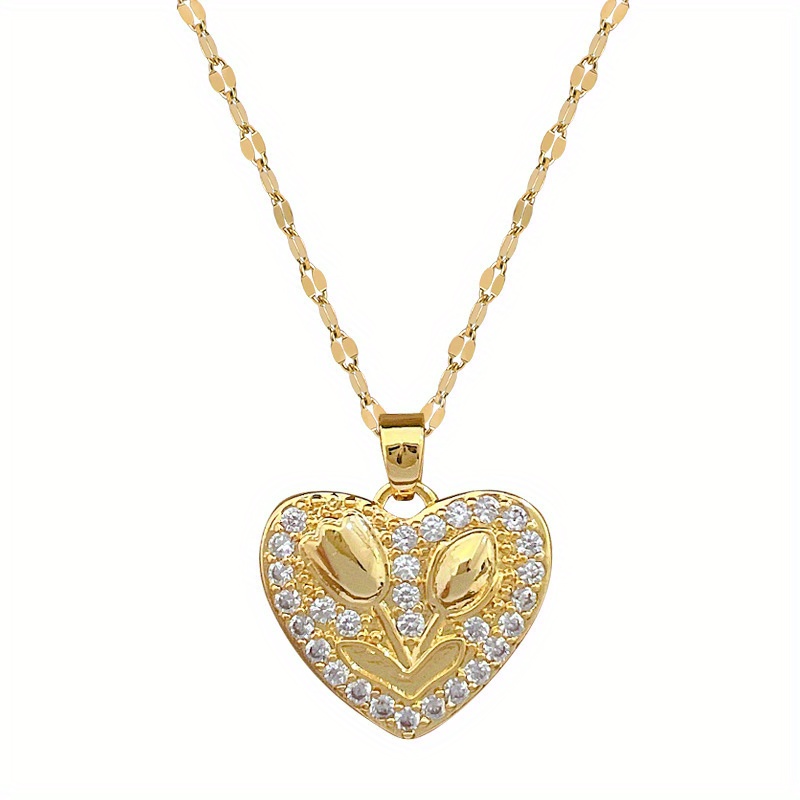 1pc rhinestone heart with rose stainless steel chain necklace for girls elegant jewelry gift details 6