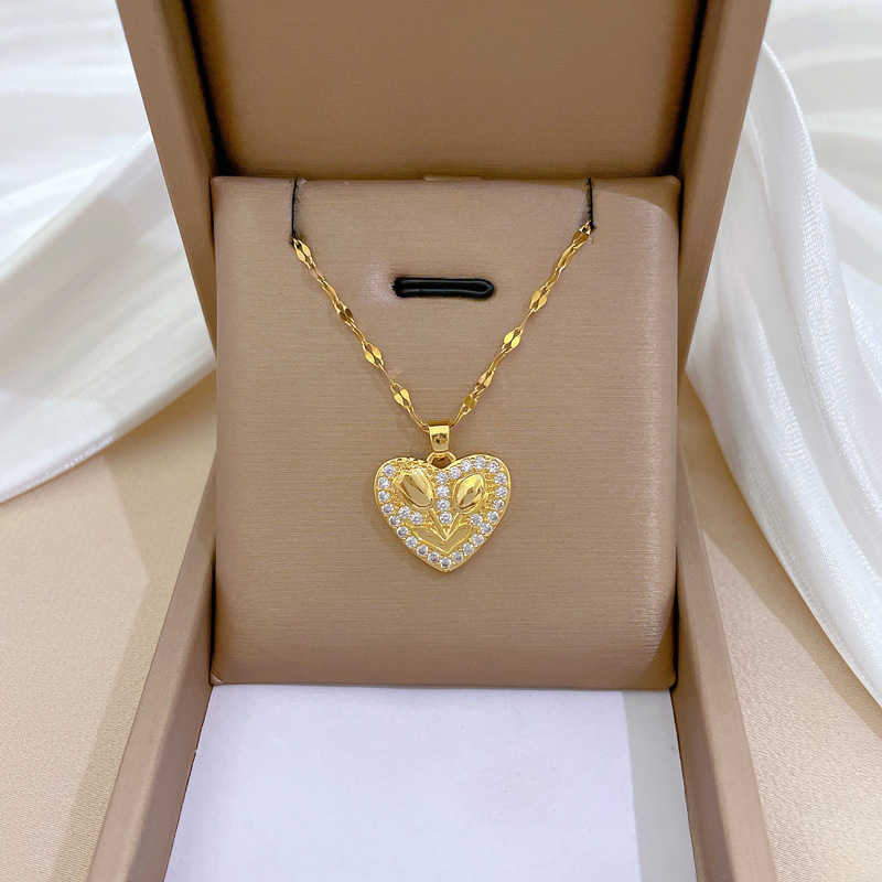 1pc rhinestone heart with rose stainless steel chain necklace for girls elegant jewelry gift details 2