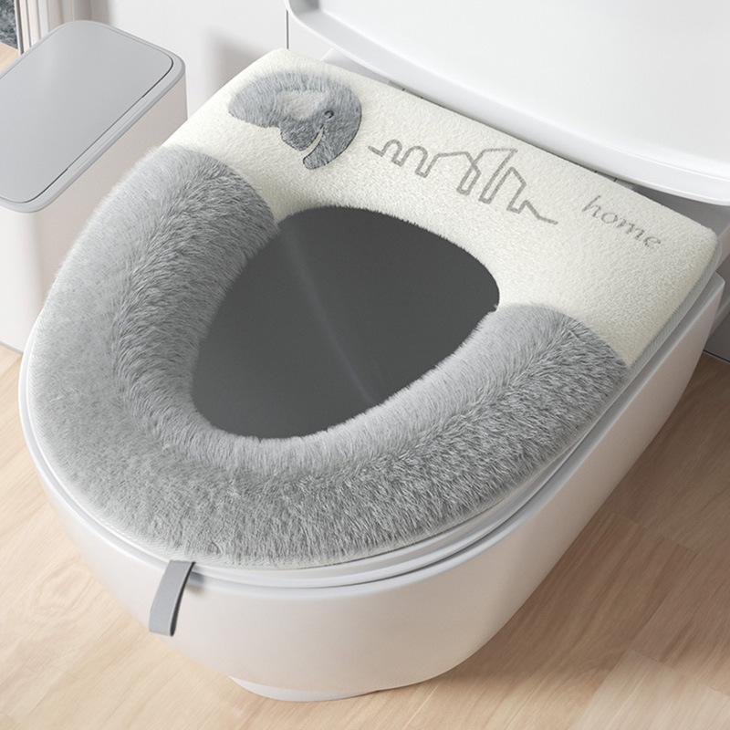 

Cartoon Elephant Toilet Seat Cushion - Soft Plush Polyester, Gray And White, "home" Embroidery, Comfortable Bathroom Accessory, Restroom Decor And Accessories