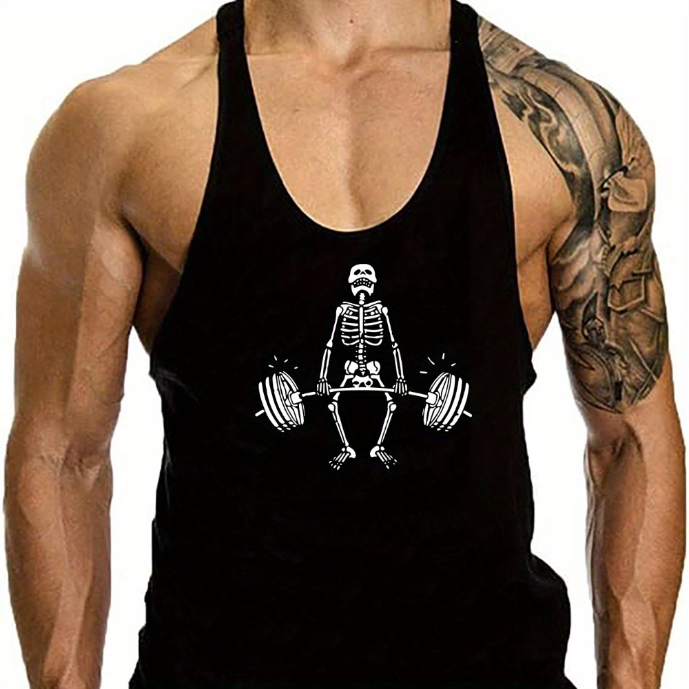 

Anime Skeleton With Barbell Graphic Print, Men's Creative Design Tank Top, Casual Comfy Sleeveless Shirt For Men, Men's Sporty Breathable Clothing Top For Gym Training Workout, For Summer