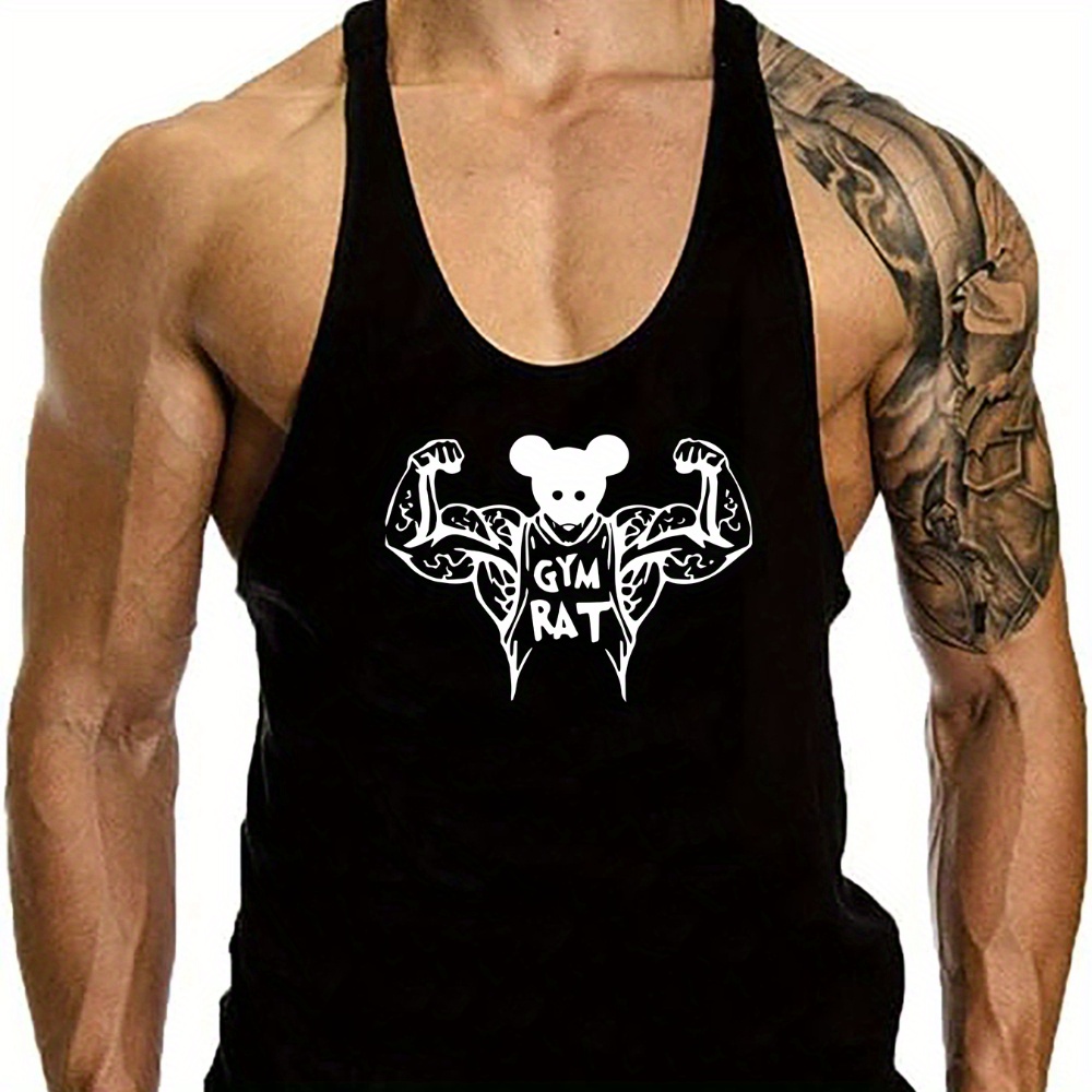 

Gym Rat And Anime Muscular Rat Graphic Print, Men's Creative Design Tank Top, Casual Comfy Sleeveless Shirt For Men, Men's Sporty Breathable Clothing Top For Gym Training Workout, For Summer