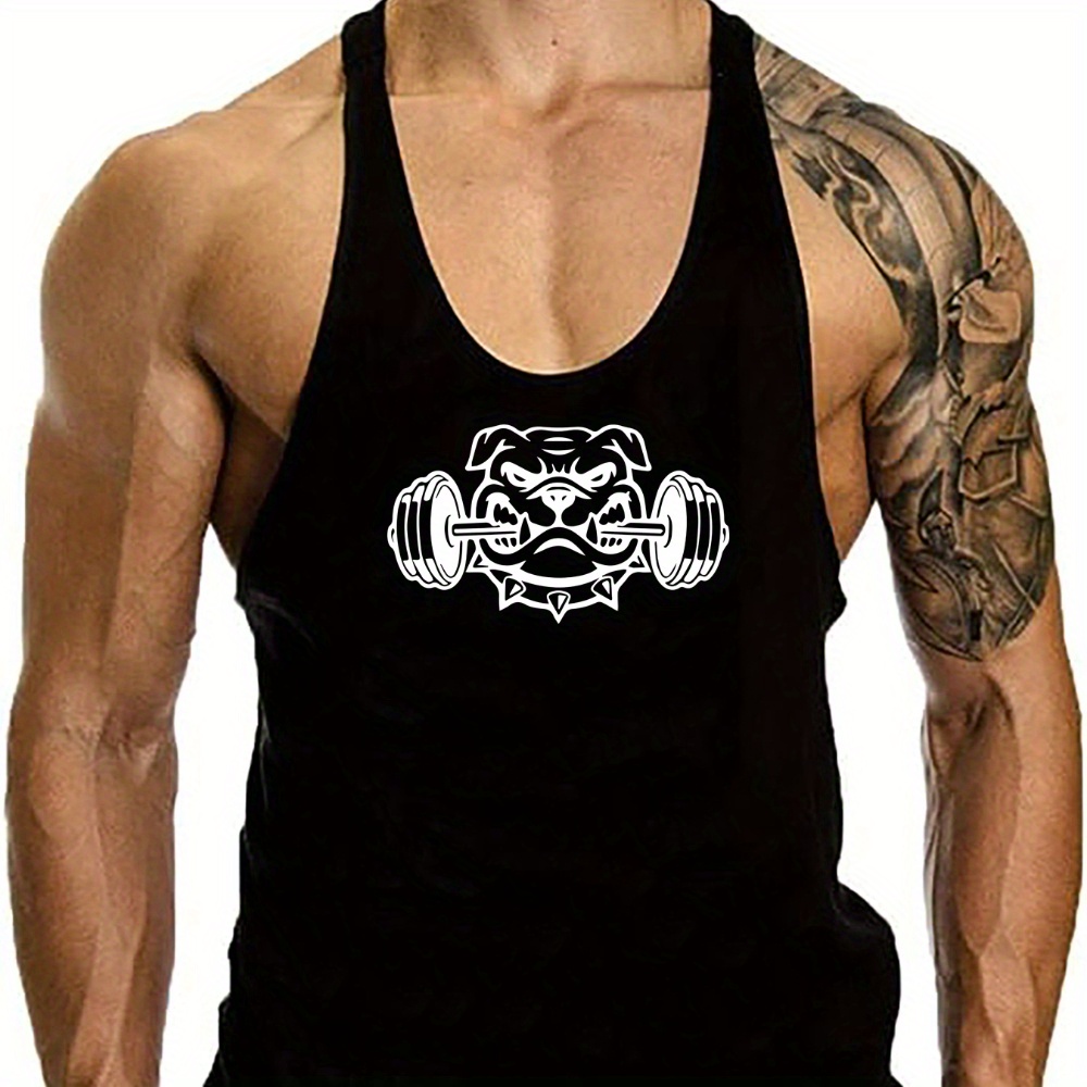 

Anime Dog Head And Barbell Graphic Print, Men's Creative Design Tank Top, Casual Comfy Sleeveless Shirt For Men, Men's Sporty Breathable Clothing Top For Gym Training Workout, For Summer