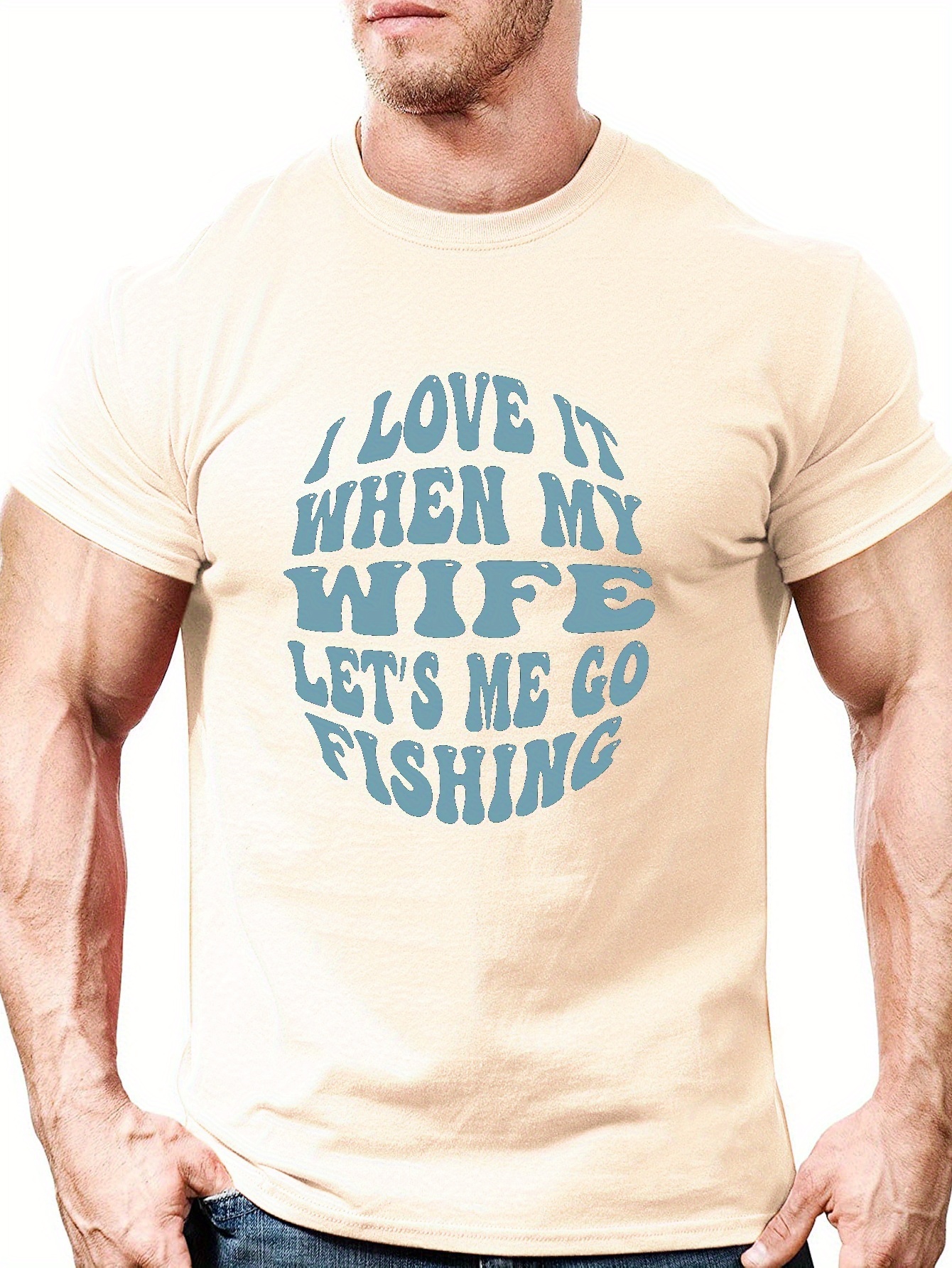 Plus Size Love Wife Let Go Fishing Print Men's Round Neck - Temu
