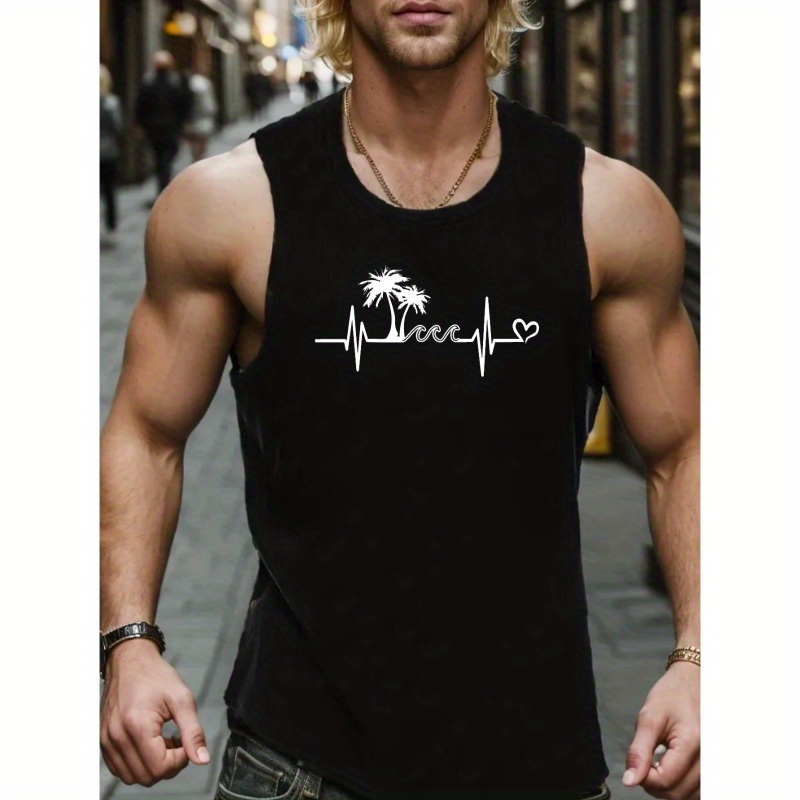 

Palm Trees Print Sleeveless Tank Top, Men's Active Undershirts For Workout At The Gym