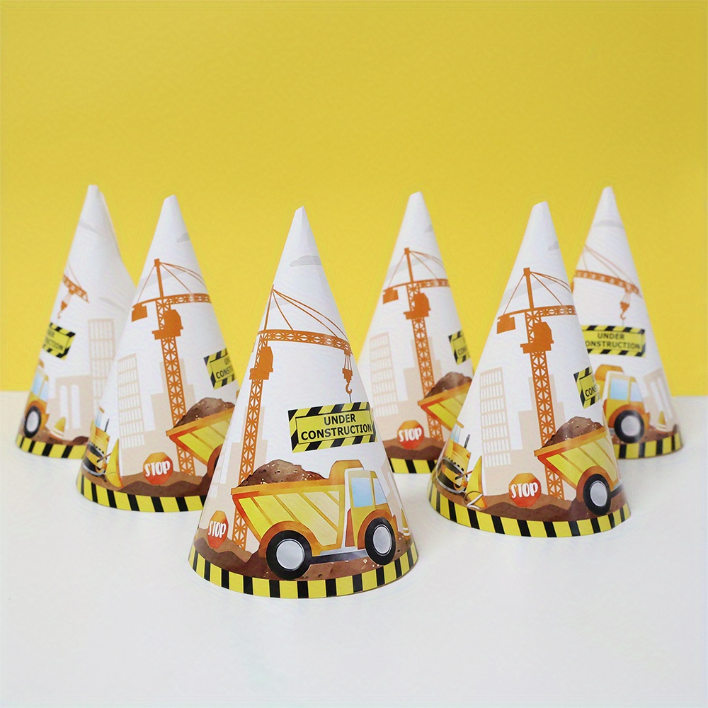 

6pcs, Construction Theme Birthday Hat Excavator Printed Birthday Cap For Birthday Party Decor Baby Shower Decor Holiday Supplies