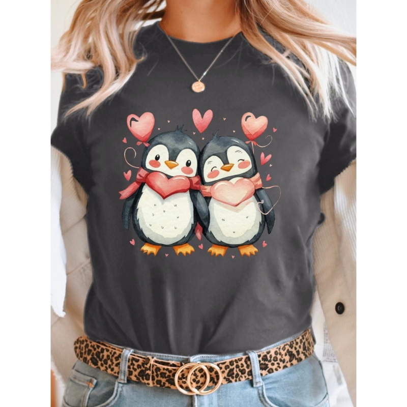 

Adorable Penguin Couple In Love Print T-shirt, Short Sleeve Crew Neck Casual Top For Summer & Spring, Women's Clothing