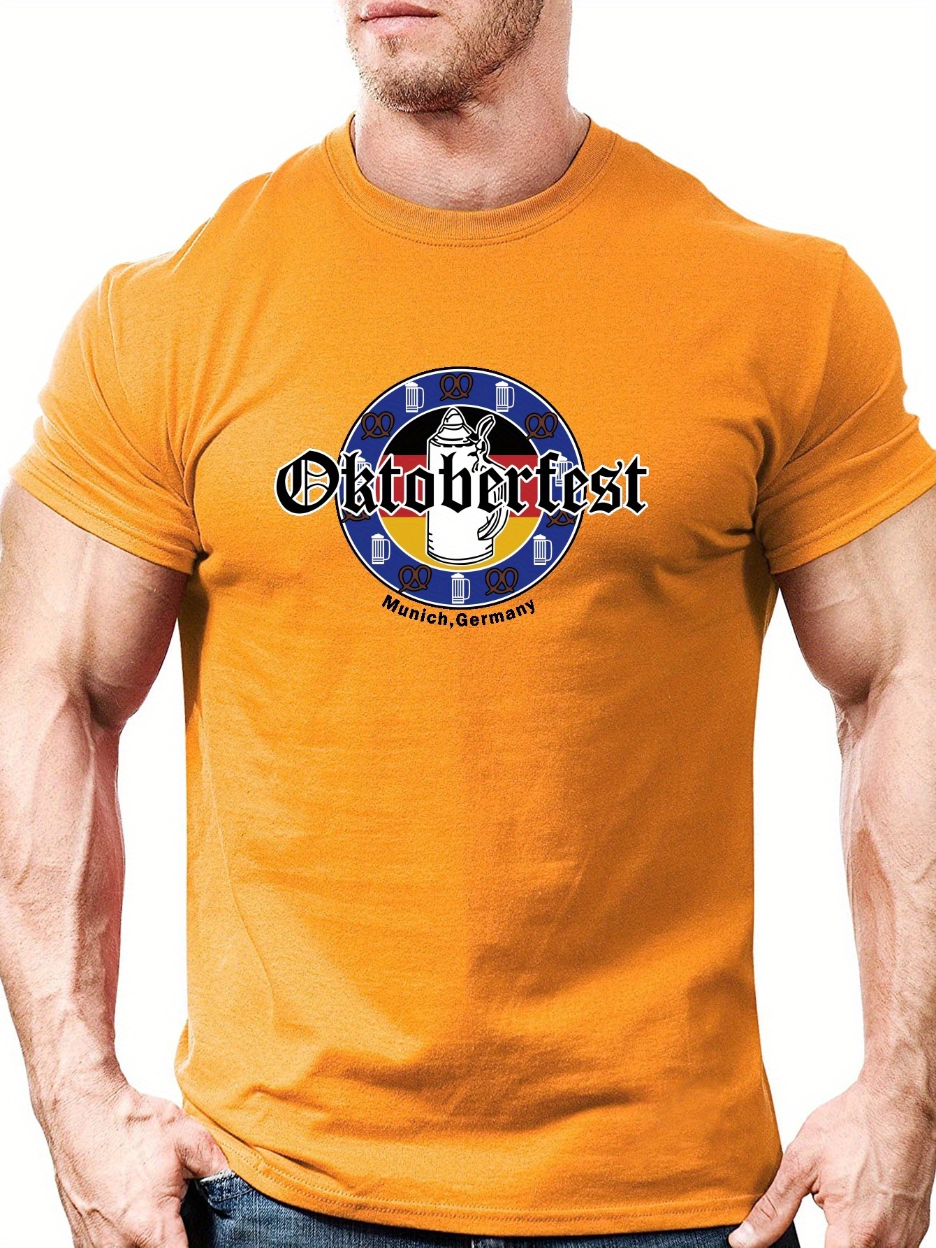 plus size oktoberfest print t-shirt for men, trendy short sleeve top, men's clothing orange 0