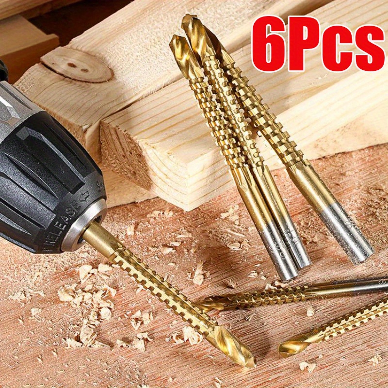

6pcs Wood Drills High Speed Hss Steel Saw Of Hand Tools Multi Function Wood Punching Woodworking Set Drill Bit Set Metal Titanium 3/4/5/6/6.5/8mm
